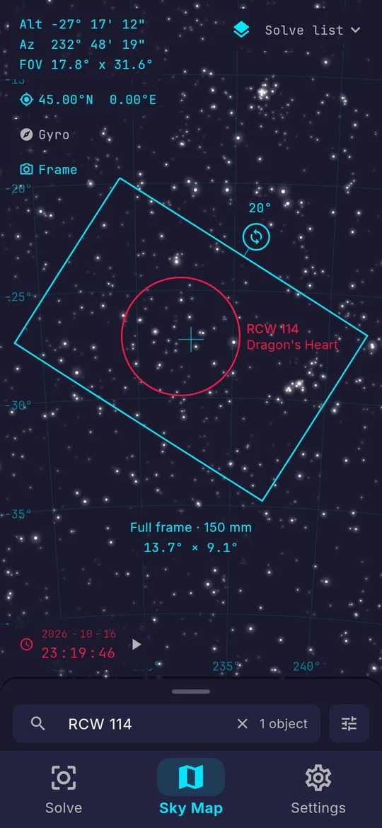 The field of view of a full-frame camera on a 150 mm lens drawn on the sky map around the Dragon's Heart nebula, turned by 20 degrees, with a knob to turn it.