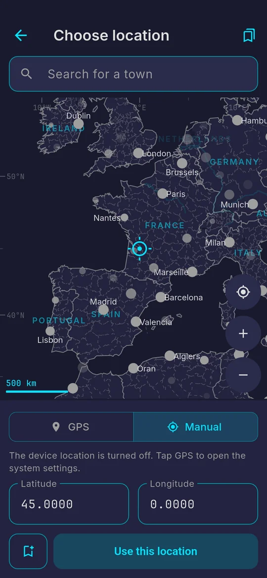 The observing location on a map, used to place the sky overhead
