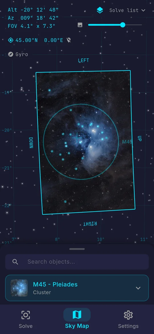 A solved photograph of the Pleiades drawn on the sky map where it points